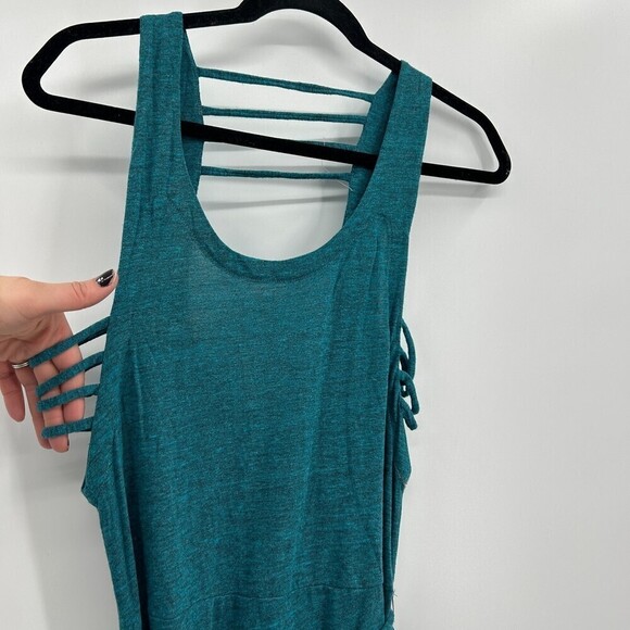 NWT CHASER Teal Blue Low Back Strappy Super Soft Maxi Dress Side Slits Medium - Picture 3 of 6